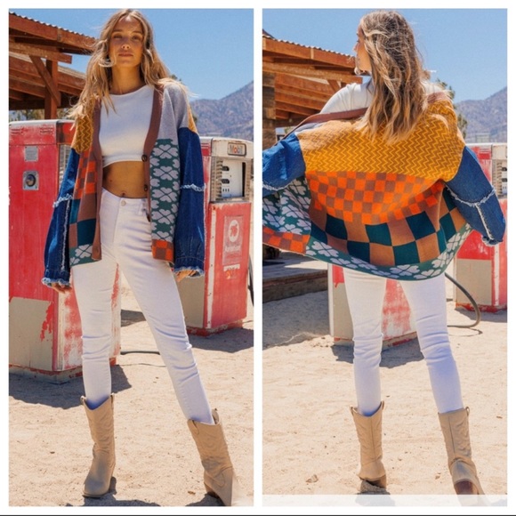 ShopEvelynne Jackets & Blazers - Aztec Multi Color & Denim Sleeve Button Up Cardigan